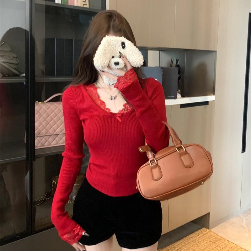 Jersey de Punto Casual de Encaje con Cuello en V para Mujer Otoño e Invierno Nuevo Jersey de Punto Ajustado para Mujer Tops Elegantes Sólidos Vintage Jerséis de Señora 25865