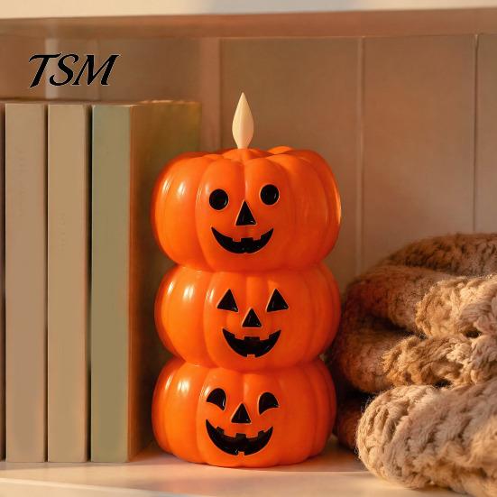 Stacked Pumpkin Lantern Halloween Flameless Fake Candle, Battery Operated Pumpkin/Ghost Candle Light, Fireplace Light LED Flickering Pillar for Dinner