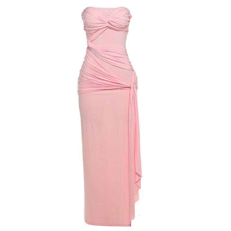 

Весна Новая Женская Одежда Чистое Желание Сексуальный Темперамент Скрученная Спина Без Бретелей Боковой Разрез Топ-Труба Однотонное Платье L розовый