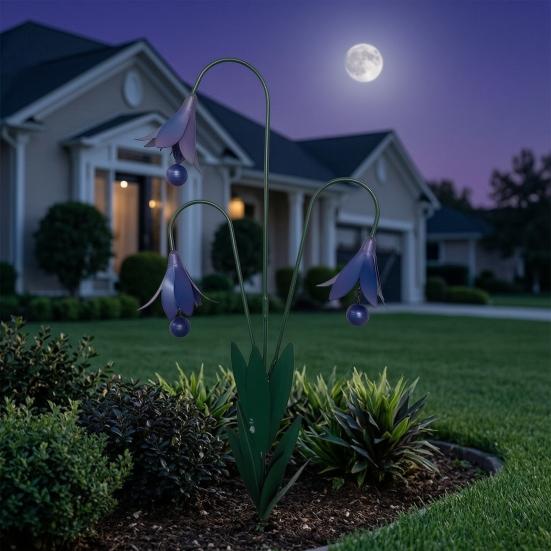 Triple Bluebells Garden Stake with Bells, Handmade Metal Flower Yard Art, Rustic Decorative Outdoor Wind Bell Stakes for Lawn Patio Outdoor Decor