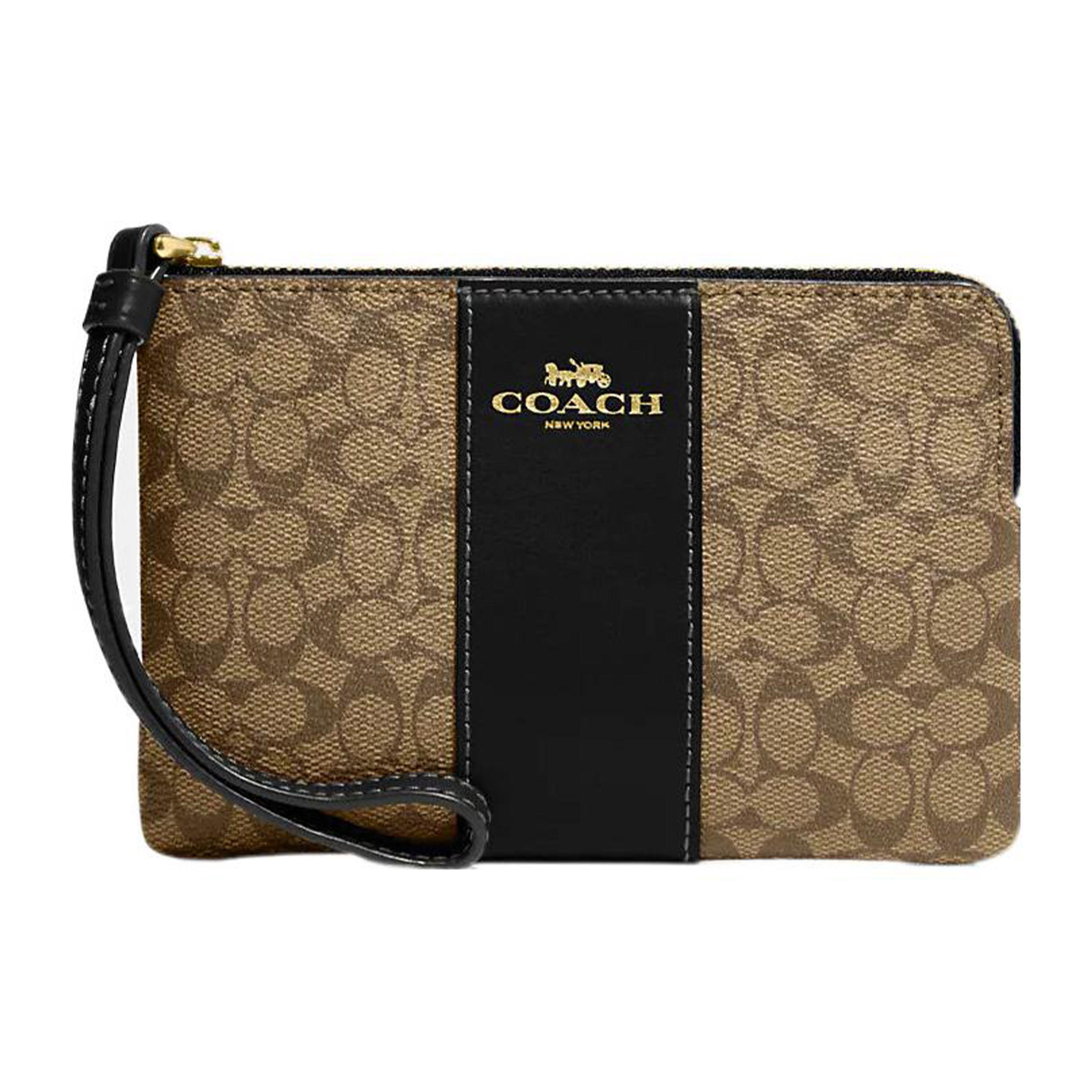 

Coach Corner Zip 16 Logo Classic Monogram Stripe Contrast Stitching Zipper Wristlet Clutch Small Women clutch Khaki Black CJ792-IMCBI Basic Set (Bag+Dust Bag)