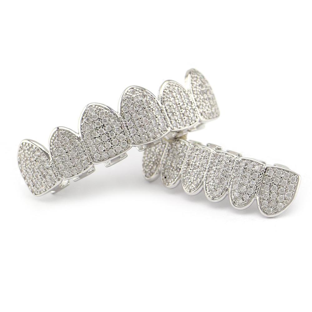 1Pair Silver Plated Bling Bling Cubic Zirconia Top & Bottom Mouth Teeth Cover