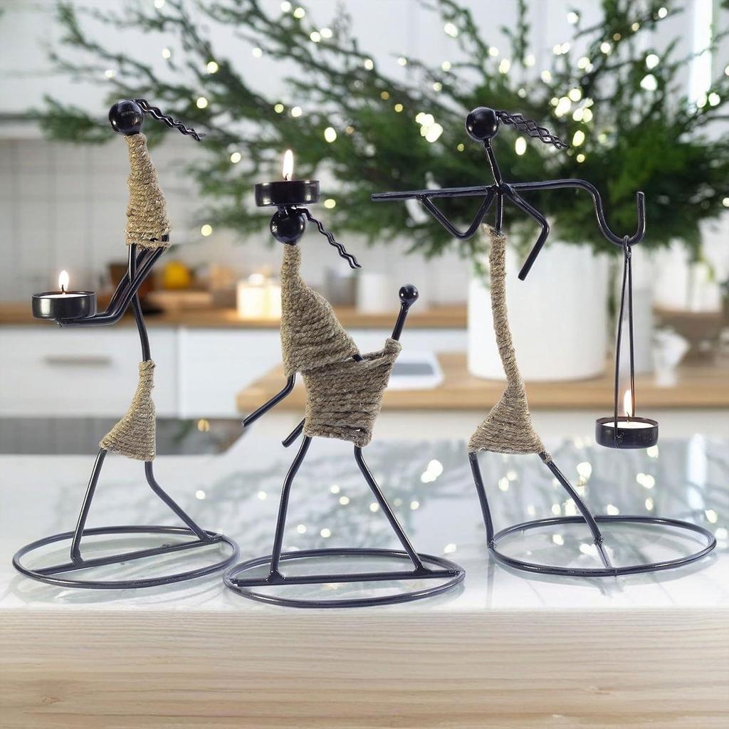 Eisen Teelichthalter Set – Handgefertigte Metallfiguren mit Juteschnur, 30 cm – Dekorative Kerzenhalter für Zuhause, Festivals und Geschenke