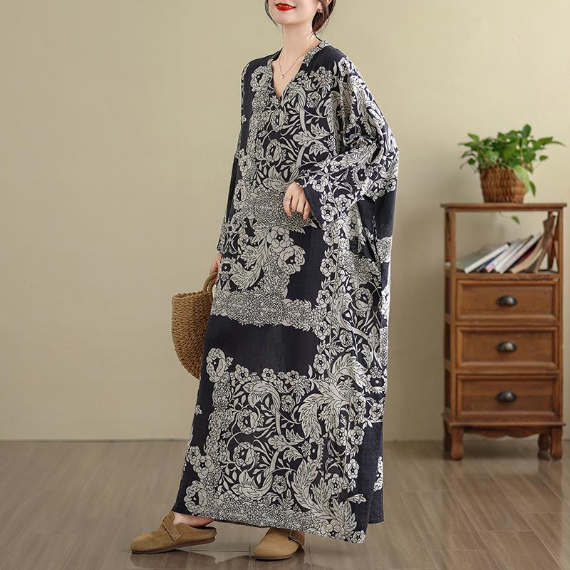 Dimanaf 2025 Women Plus Size Spring Long Dress Loose V-Neck Printing Vintage Casual Floral Oversize Long Sleeve 5027