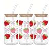 16oz Strawberry Bow Printed Drinking Glass Can With Bamboo Lid Straw Various Patterns Iced/Coffee Tumbler For Christmas Gift