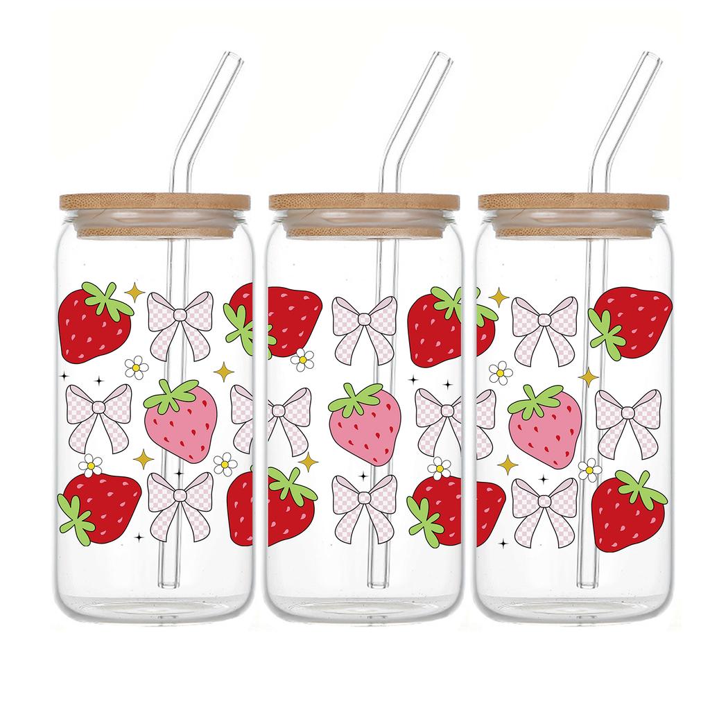 16oz Strawberry Bow Printed Drinking Glass Can With Bamboo Lid Straw Various Patterns Iced/Coffee Tumbler For Christmas Gift