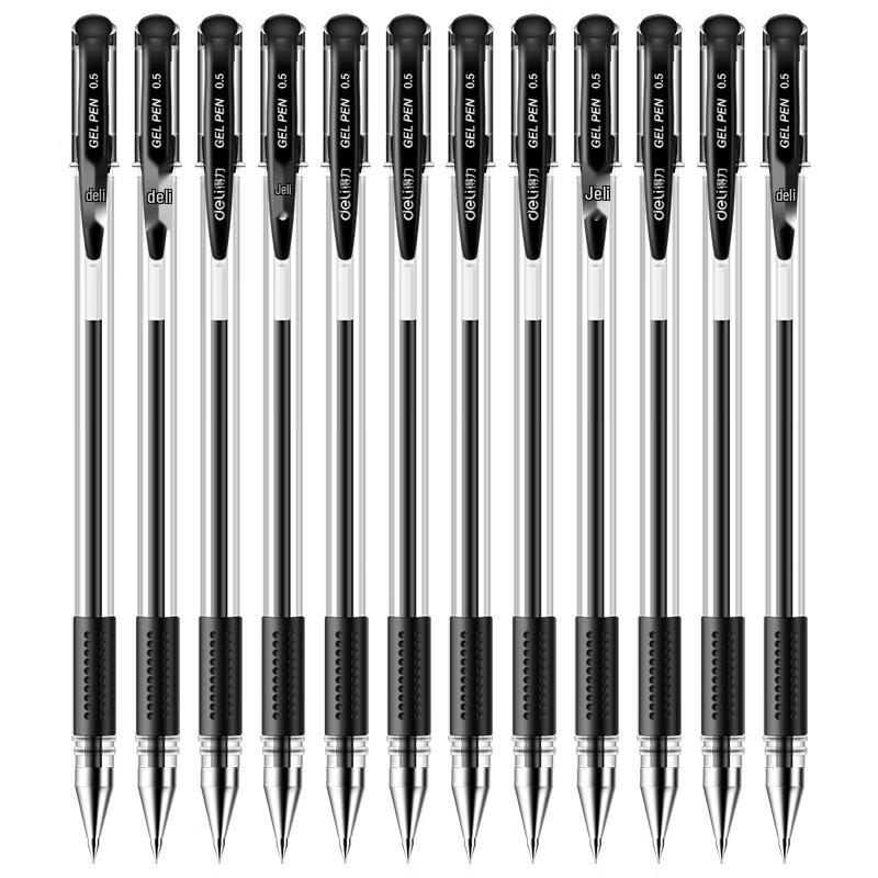 Deli 6600 Gel Pens, 0.5mm Black, 12-Count Box
