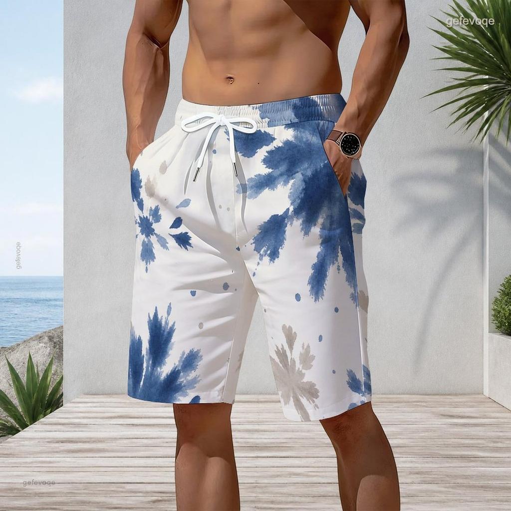 Men Faux Denim Tie Dye Patchwork Beach Shorts Elastic Drawstring Waist Casual Quick Dry Swim Trunks With Pockets For Summer Surfing Vacation