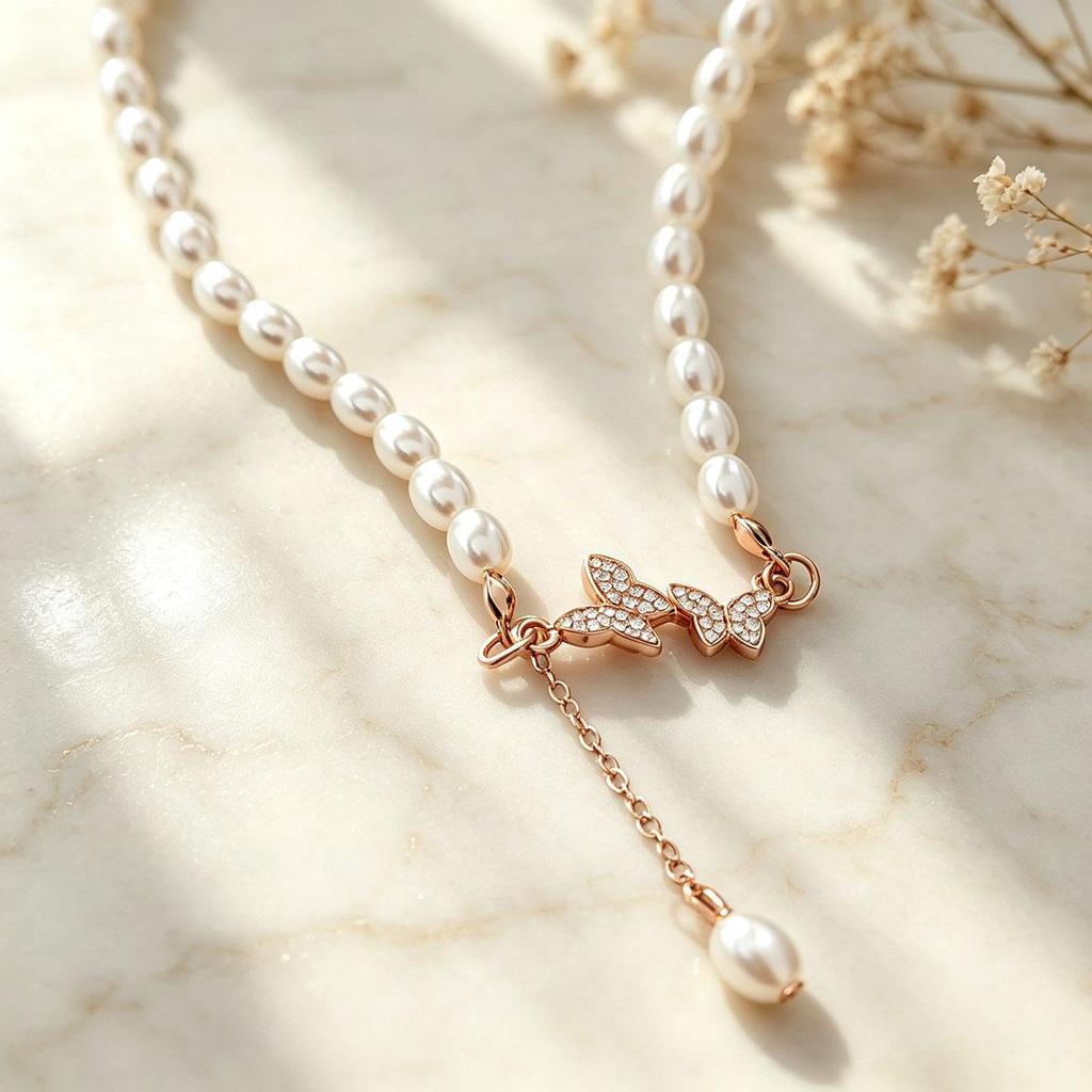 Dreamy Butterfly Tassel Imitation Pearl Necklace for Women, Everyday Collarbone Chain Fashion New Style Woolen Necklace Accessory