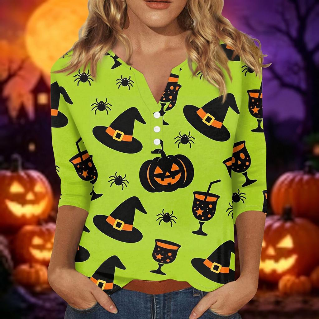 Women Casual Halloween Printed V Neck Short Sleeve Button Decor Three Quarter Sleeve T Shirt Top for Daily Wear