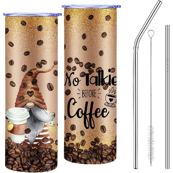 Havawish Gnome Coffee Tumbler 20oz Glitter Brown Coffee Gnome Cup Tumbler with Lid and Straw Coffee Lovers Gift Insulated Travel Coffee Mugs for