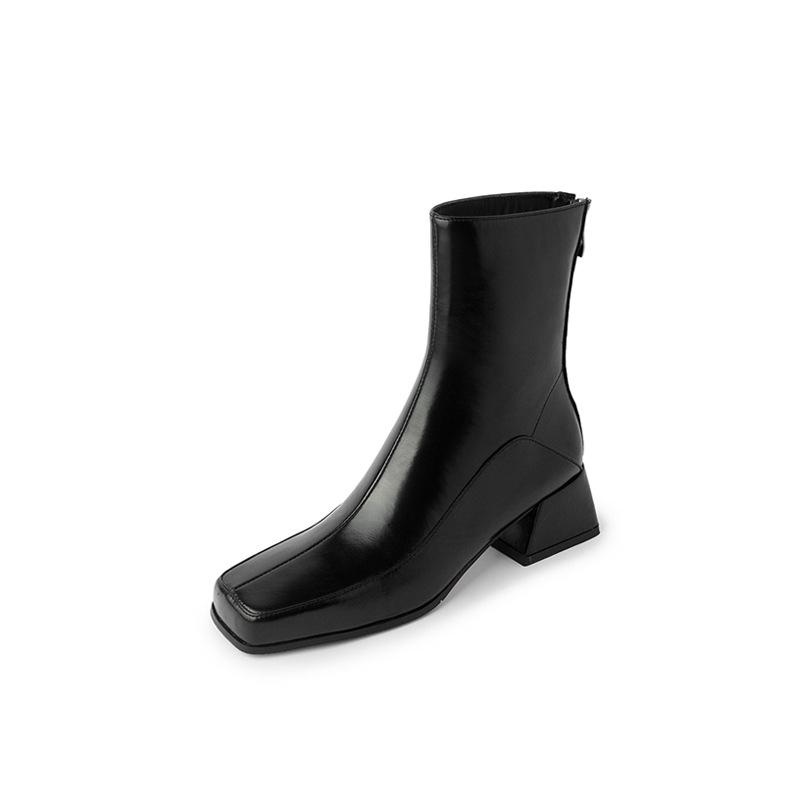 Women's boots thick heel square head short boots rear zipper leather boots versatile Korean women's leather boots
