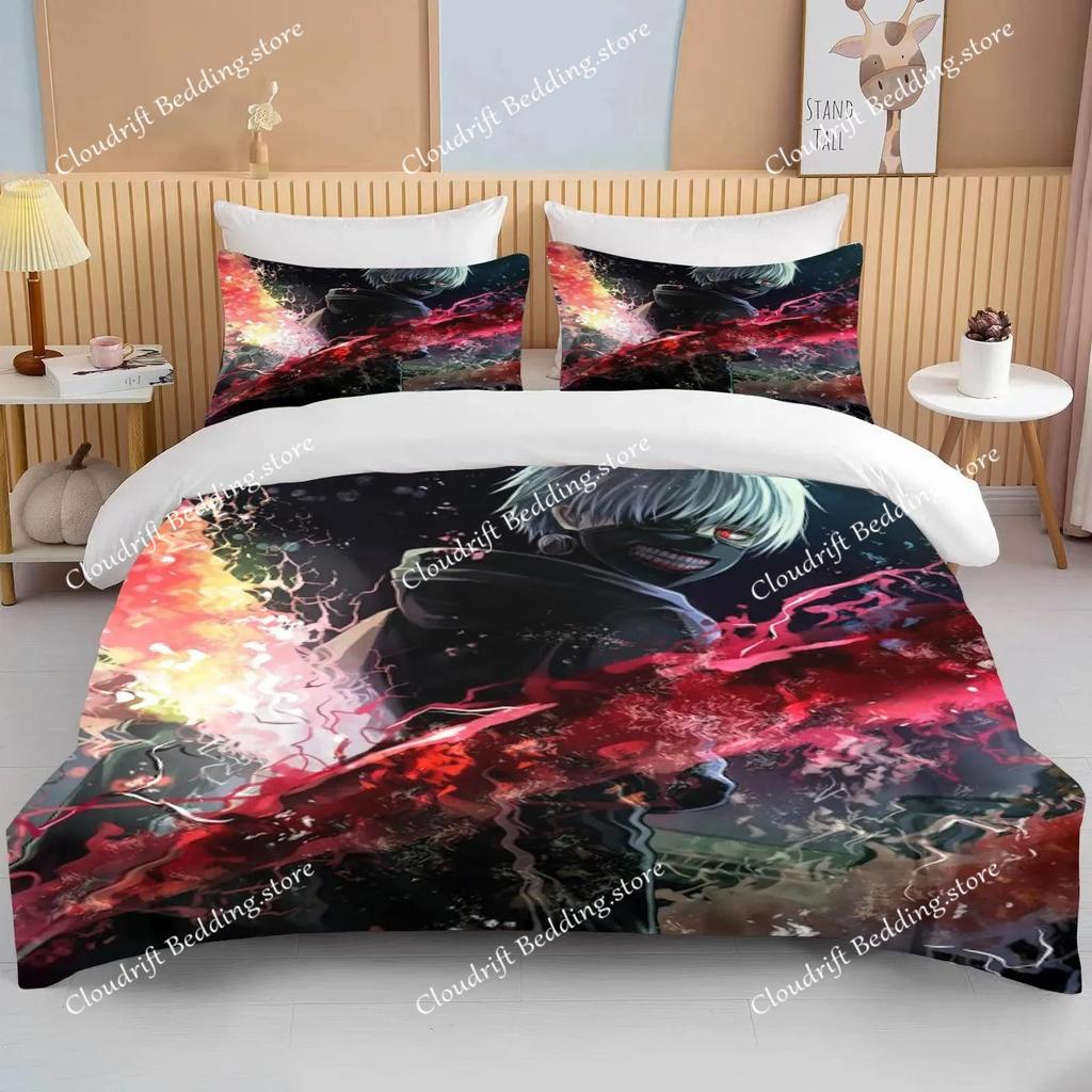 Neues Japan Tokyo Ghoul Bettwäscheset Kaneki Ken Anime Bettwäscheset Schwarz Weiß Bettbezugset Junge Heimtextil 3D Steppdecke Bettwäsche
