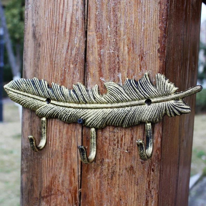 Feather Shape Single Three Hooks European Retro Style Originality Decorative Hooks Metal Iron Art Clothes Hat Key Wall Hooks
