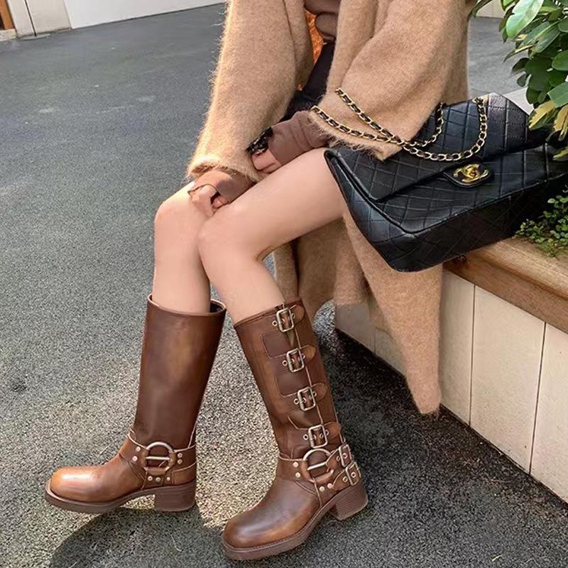 Miu * Home Knight Boots Belt Buckle Thick Heel Martin Boots Women's Leather Retro Knee Boots Western Cowboy Boots