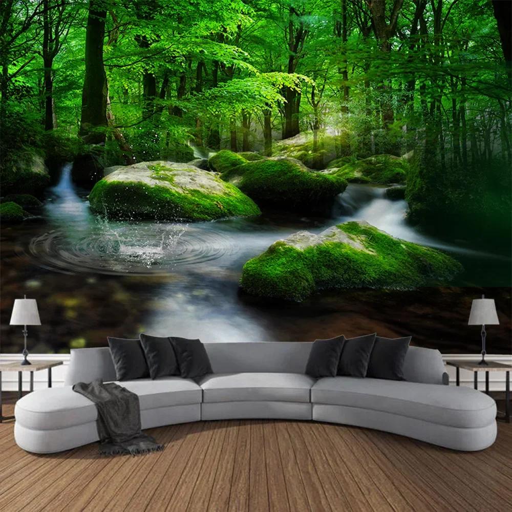 Large 3D Printed Tapestry Green Forest Landscape Wall Hanging Cloth Hippie Bohemian Home Art Decoration Living Room Wall Decor