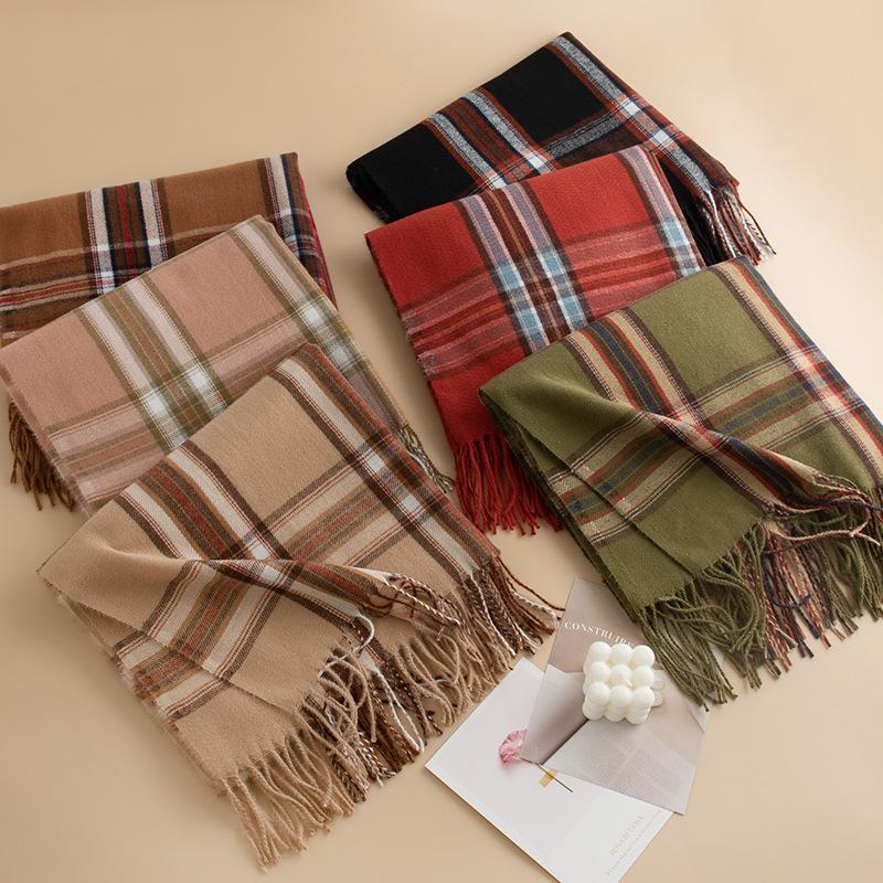Elegant Business Plaid Scarf for Women Fashionable Commuter Imitation Cashmere Scarf Simple and Versatile Shawl Neck Protector and Scarf