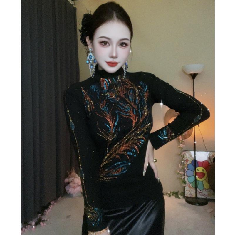 De Rong Women's Elegant Semi-High Neck Rhinestone Long-Sleeve Base Layer Shirt, Autumn/Winter Collection