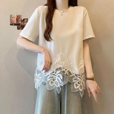 Pure Cotton White Lace Hem Right Shoulder Short Sleeve T-shirt Women's Popular New Summer Chic Irregular Top