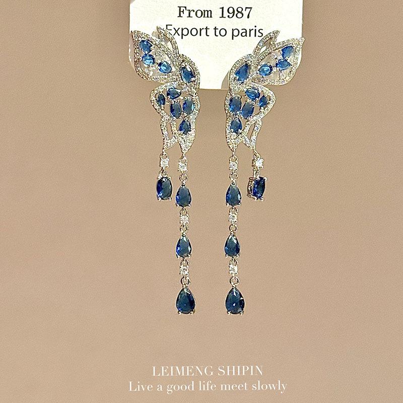Long Butterfly Fringed Earrings To Modify The Face, Temperament Flying Together, Light Luxury High-end Dress, Blue Earrings