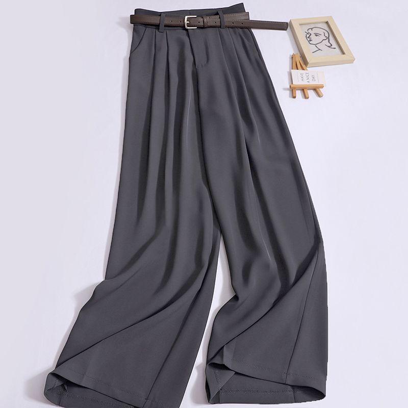 

Women s High-Waisted Wide-Leg Pants, Spring/Summer 2026: Versatile, Casual, Floor-Length, Slimming, Elegant Suit Trousers with Excellent Drape. Gray Long with Belt 105cm