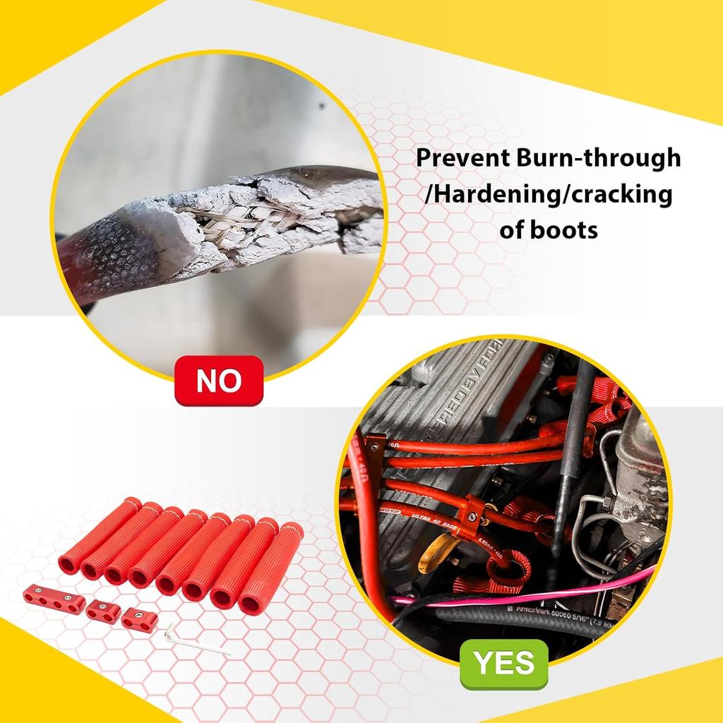 12pcs Spark Plug Wire Separator Divider & 8pcs Spark Plug Wire Boots Protector Heat Shield Sleeve, Aluminium Alloy Engine Spark Plug Wire Divider
