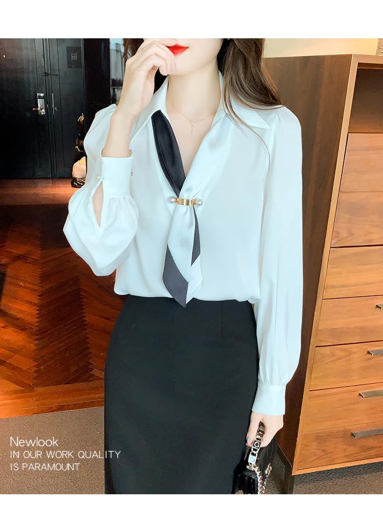 Fairy Stone Long Sleeve Chiffon Blouse with Ribbon and Solid Casual and Size Women's V-Neck, Color, Formal, B-53 (L, White)