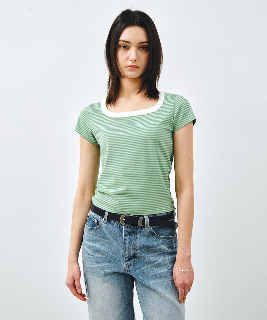 MONGDOL Square Neck Striped Short Sleeve T-Shirt Green Mdts098Green