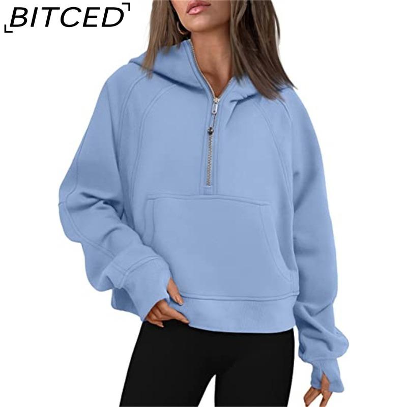 BITCED Autumn/Winter Yoga Wear Women's Sports Half-Zip Hooded Sweatshirt Loose-Fit Fleece-Lined Women's Casual Top