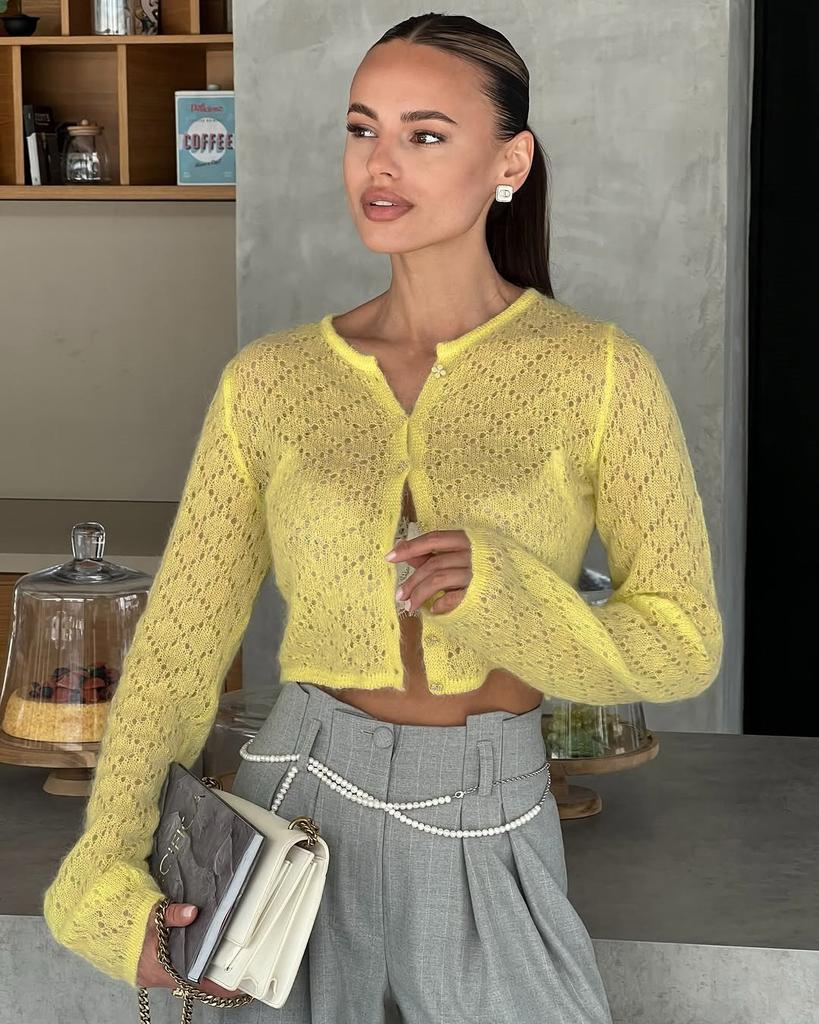 2026 Spring See Through Sweater Women Knit Cardigan Coats Sexy Hollow Out Single Breasted Cardigan Streetwear Y2K Knitted Tops