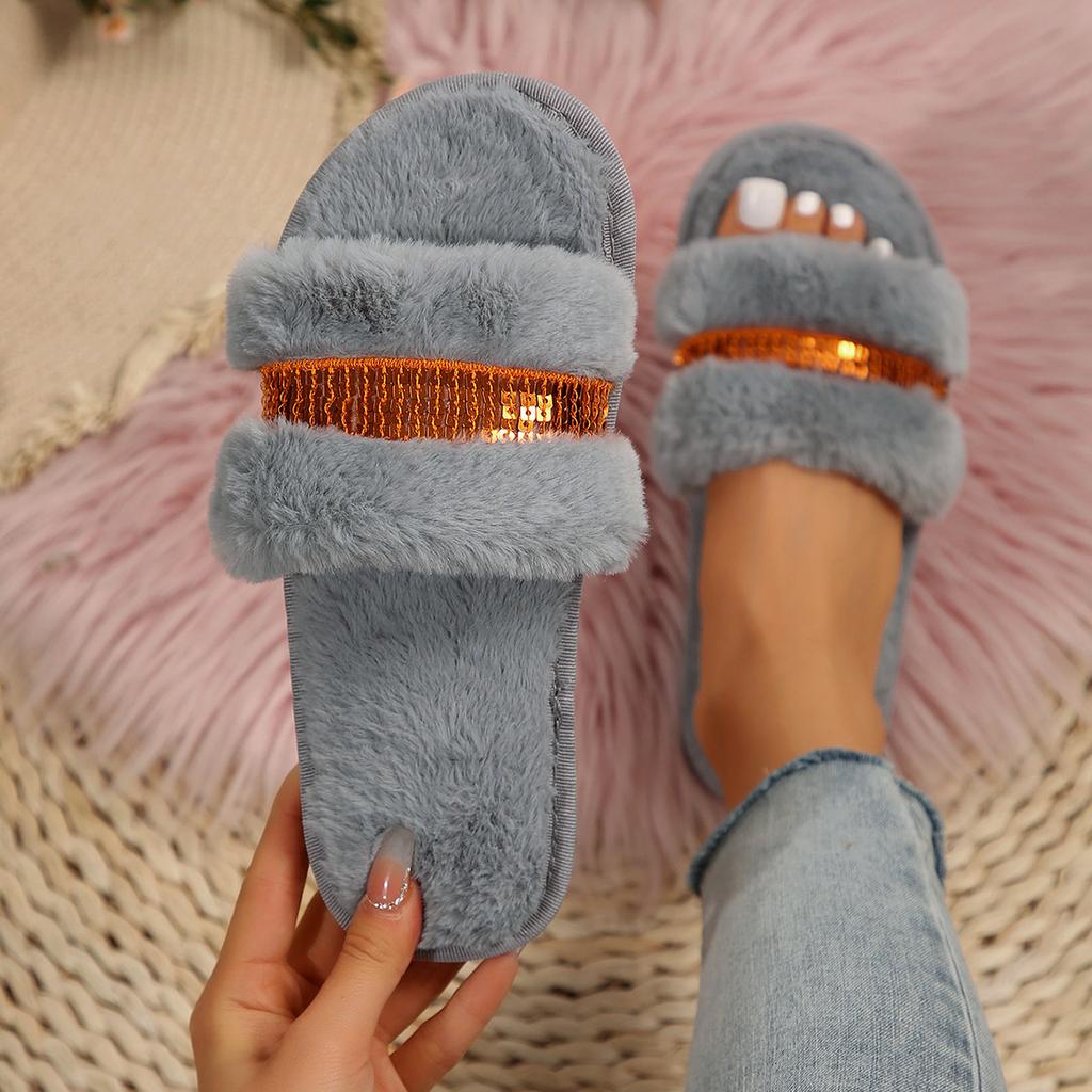 Fashion Women Home Slippers Fashion Shiny Rhinestones Design Open Toe Indoor Slippers Winter Flat Non-slip Leisure Interior Women Shoes