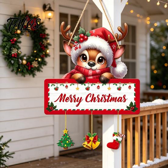 Christmas Wooden Hanging Ornaments Winter Sign, Elk Snowman Decorative Plaque, Sign Door for Holiday Party Home Decor Rustic