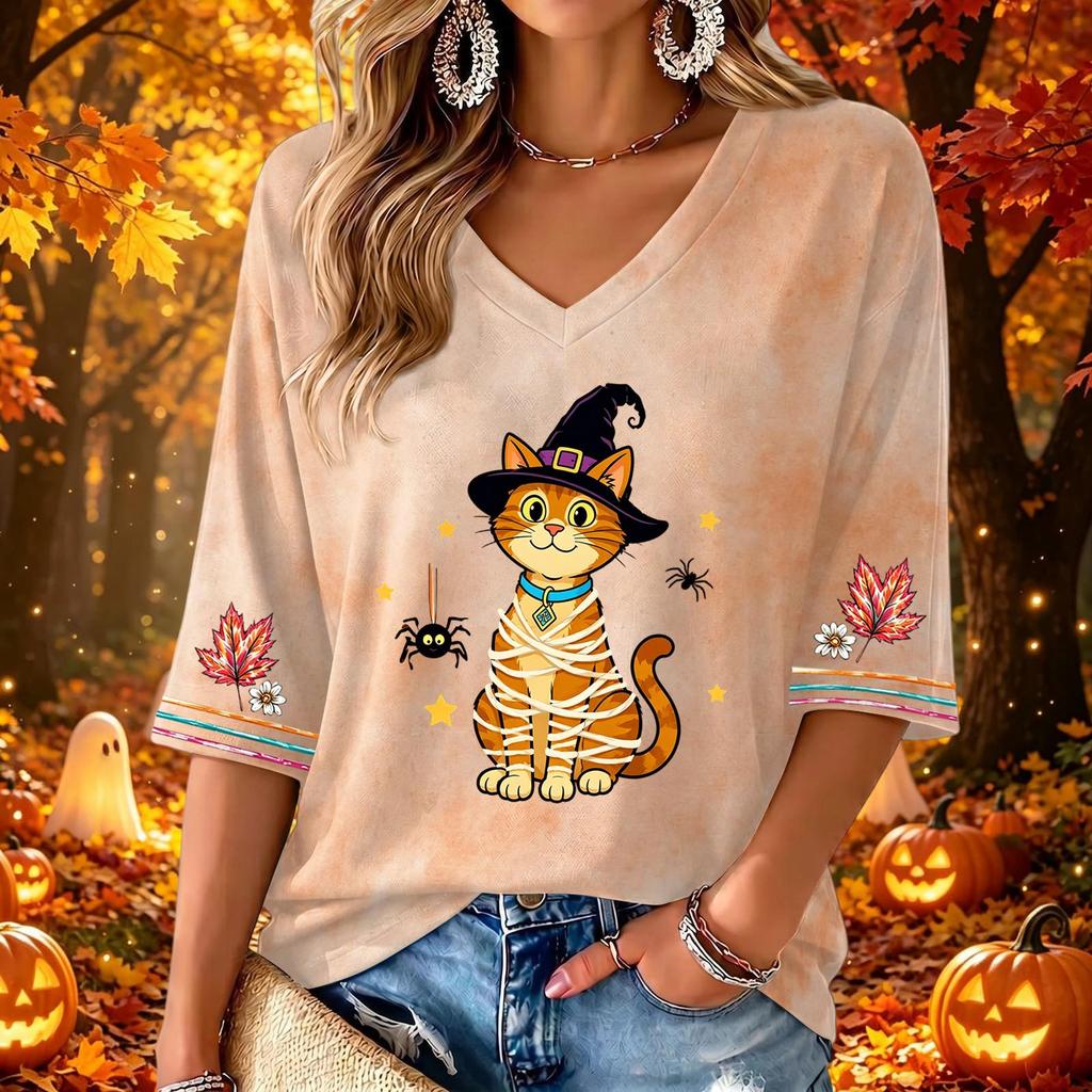 Women's V-Neck Three-Quarter Sleeve Casual Top with Halloween Print