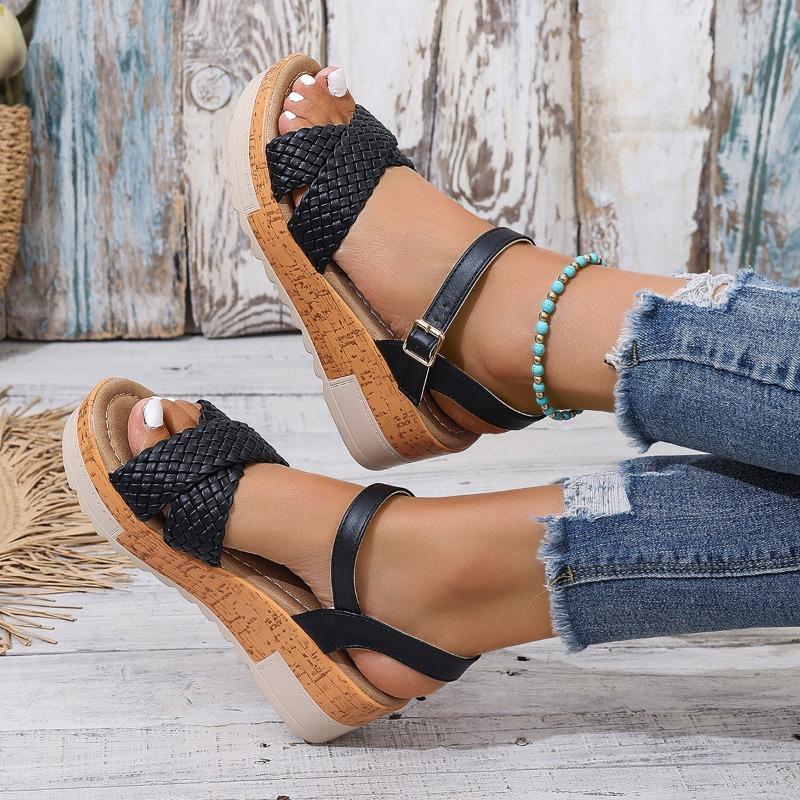 Large Size One-word with Wedge Heel Sandals Women's Buckle Thick-soled Woven Belt Light Beach Cool Slippers