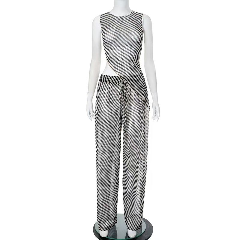 

Fashion Wind Fashionable See-through Stripes Print Top and Trousers Suit Striped Top and Pants Set Stripes S