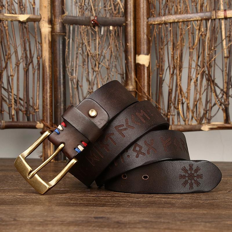Belt Men's Retro Personalized Trendy Laser Engraving Genuine Cattlehide Leather Surface Brass Buckle Men's Jeans Belt Men's