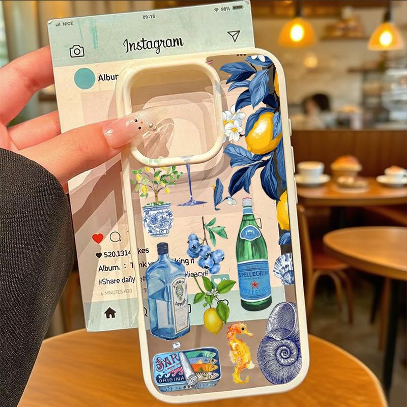 Luxury Seaside Scenery Wine Lemon Phone Case for IPhone 16 15 14 13 12 11 Pro Max 17 AIR X XR XS 8 Plus Cute Clear Hard PC Cover