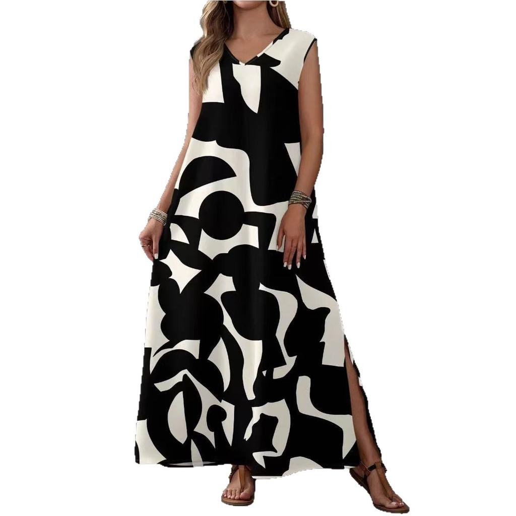 Women's V-neck Sleeveless Abstract Geometric Printing Long Dress Loose Drop Hem Side Split Fork Holiday Style Casual Even