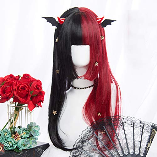 Harajuku-style GAL-kei women's full wig, long, straight, black, red, and double-colored, Lolita style.