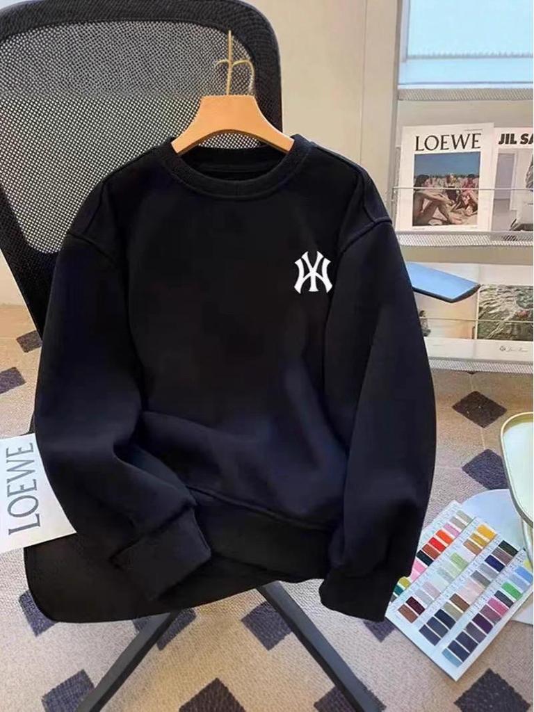 2025 Men’s Plus Velvet Cotton Hoodie – Round Neck, Long Sleeve, Casual Loose Fit, Trendy Base Layer for Autumn/Winter