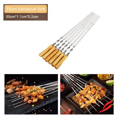 Barbecue Grill Stick BBQ Skewers Long Handle Shish Kebab 6Pcs Wood BBQ Fork Stainless Steel Outdoors Grill Needle 55cm 21.65"