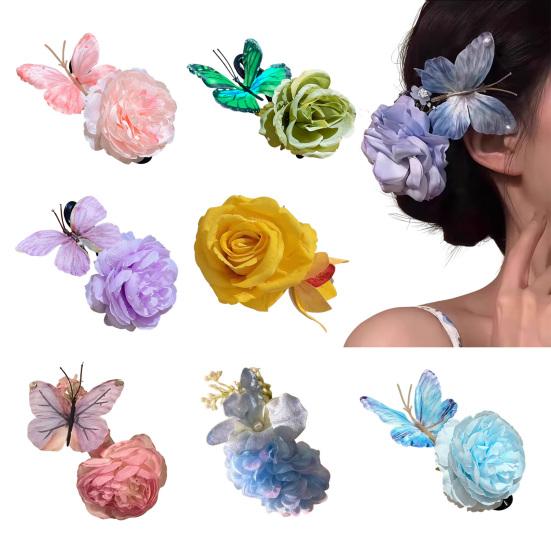 Butterfly Hair Clip Artificial Peony Flower with Acrylic Crocodile Clip Flower Hair Barrette for Beach Vacation Party Dress-up