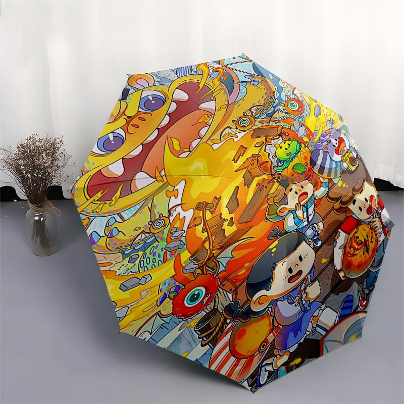 1pc Outdoor Umbrella with Dragon and Cute Characters - Automatic Opening/Closing, Portable 3-Fold Design, 8-Bone Iron Frame - Perfect Gift for Fa