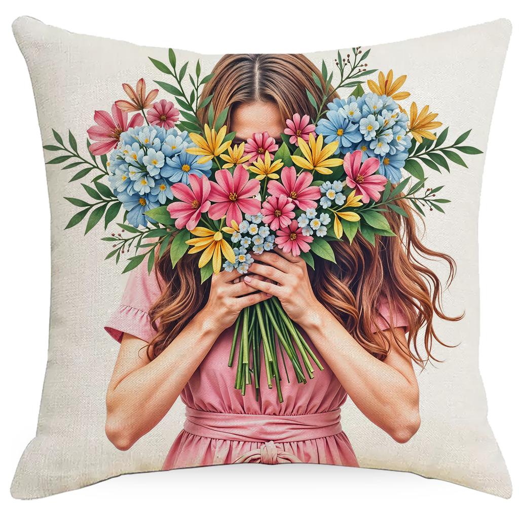 Pink Floral Set Sofa Pillow Case Nordic Simple and Versatile Linen Pillow New Car Cushion
