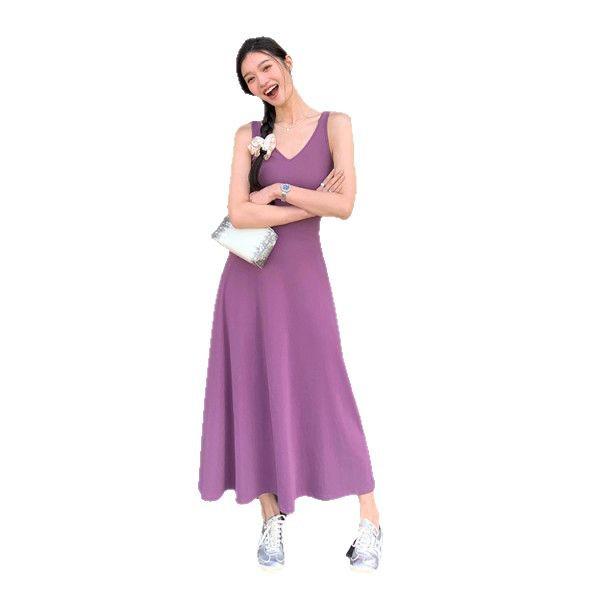 Dopamine Purple V-Neck Ice Silk Knitted Sleeveless Tank Dress for Women - Summer Vacation Style