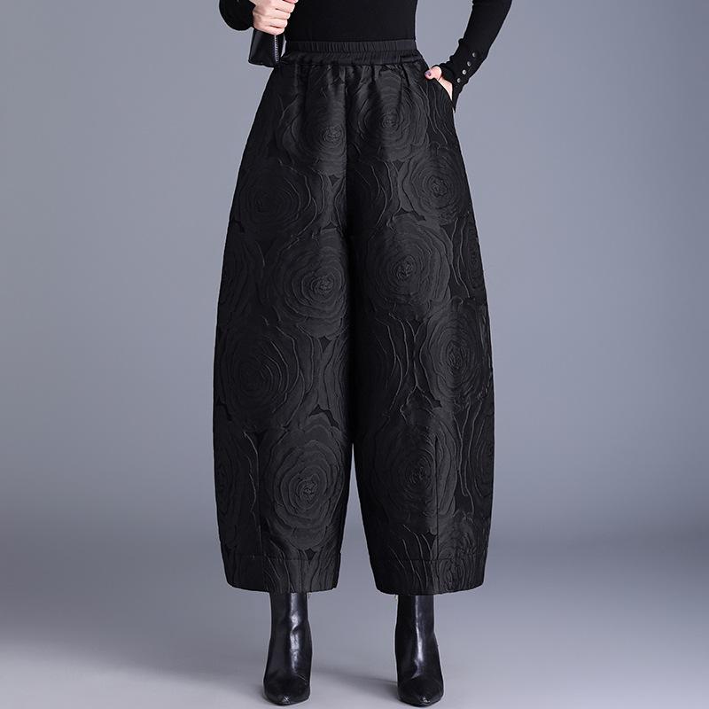 

Зимние женские жаккардовые брюки большого размера с широкими штанинами, повседневные теплые брюки из хлопка с пуховым узором, шаровары с девятью носами, ботинки 4XL