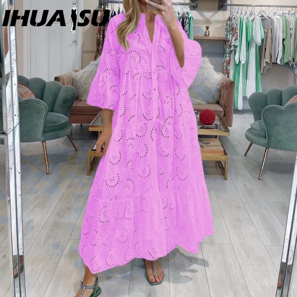 IHUASU 8 Colors S-5XL Women's Fashion Summer Spring Solid Color Print 3/4 Sleeve V-Neck Casual Dresses