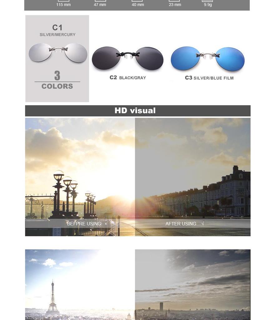 Rimless Retro Round Ultralight Clip-on Sunglasses - Matrix Morpheus Style