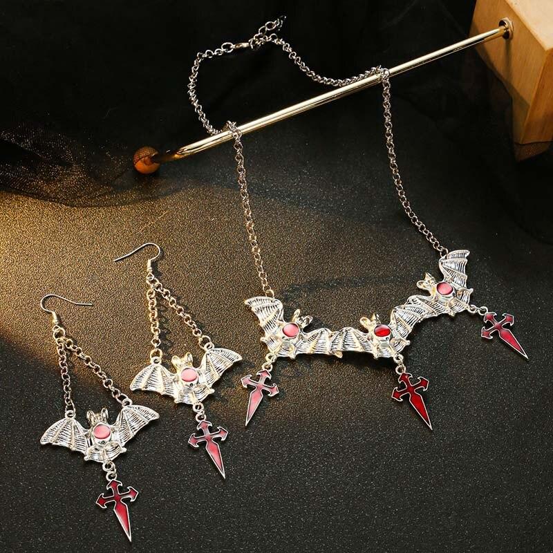 Halloween Gothic Vampire Bat Necklace Earring Set Red Cross Bat Pendant Necklace Drop Earrings For Woman Jewelry Gift Cool Style