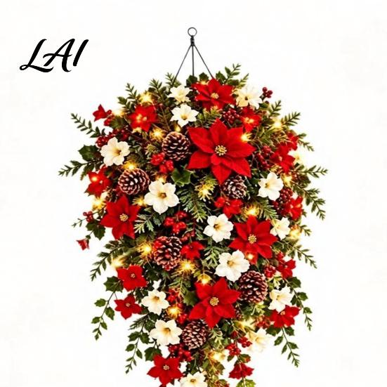 Upside Down Layered Garland Pre-Lit Christmas Teardrop Swag Decoration Lighted Door Wreath with Artificial Pine Lights Poinsettia Cones for